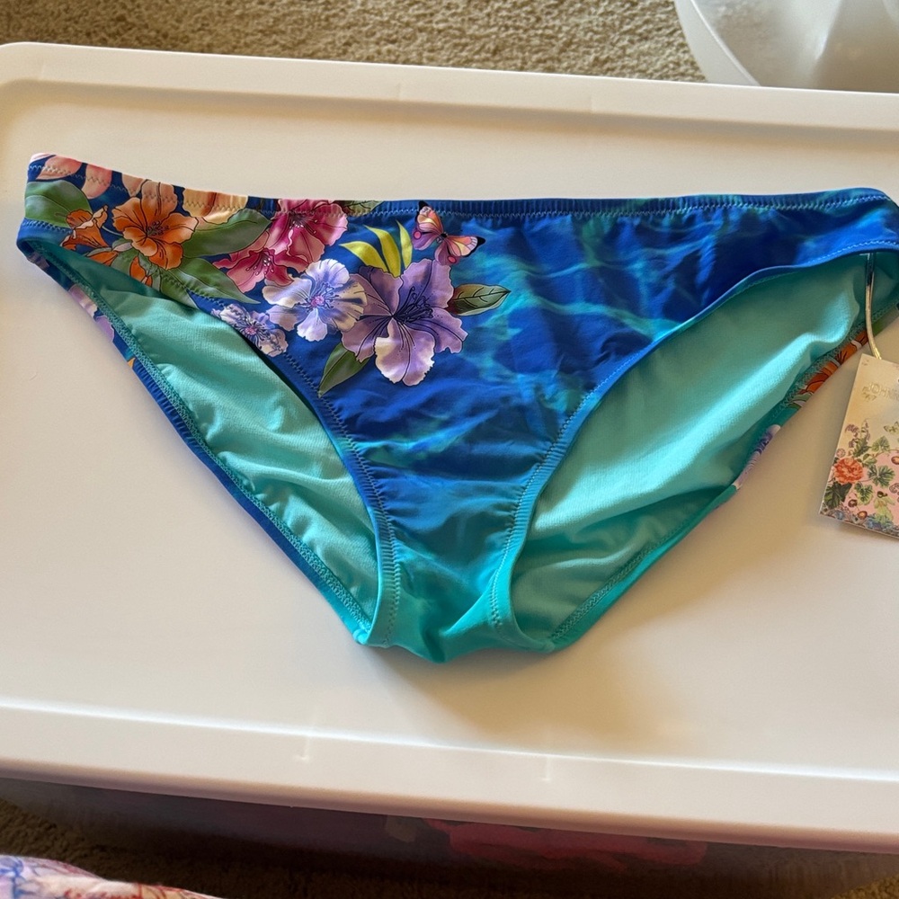 Johnny Was Teal and Floral Bikini Bottoms. Brand New.